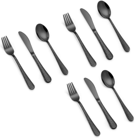 Vesteel 9-Piece Kids Hammered Silverware Set, Stainless Steel Preschooler Eating Flatware Utensils - Black