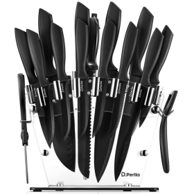 D.Perlla Knife Set, 16 PCS High Carbon Stainless Steel Kitchen Knife Set, BO Oxidation for Anti-Rusting, Black Knife Set with Acrylic Stand and Serrat