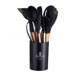 11pcs Wooden Handle Silicone Kitchen Utensils Set Storage Bucket Non-stick Shovel Spoon Cooking Kitchen Utensils 11 Pieces Set Silicone Shovel Spoon (Color: BLACK)