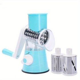 Vegetable Slicer, 3 in 1 Round Veggie Chopper Fruit Cutter Cheese Shredder Rotary Drum Grater with 3 Stainless Steel Blades,1 Julienne peeler and 1 Br (Color: Blue)