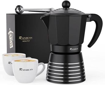 RAINBEAN Moka Pot 6 Cup Set, 11 oz / 300ml Stovetop Espresso Maker, Italian Cuban Greca Coffee, Aluminum Ripple Ring Design - Easy To Use & Clean (Red (Color: BLACK)